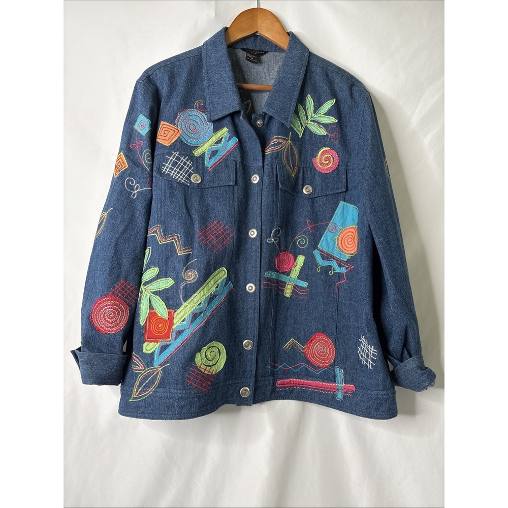 Anne Carson Blue Denim Jean Jacket Women's 3X‎ Embroidered Colorful Abstract